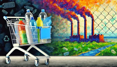 Shopping Cart Filled With Plastic Bottles Against Industrial Pollution