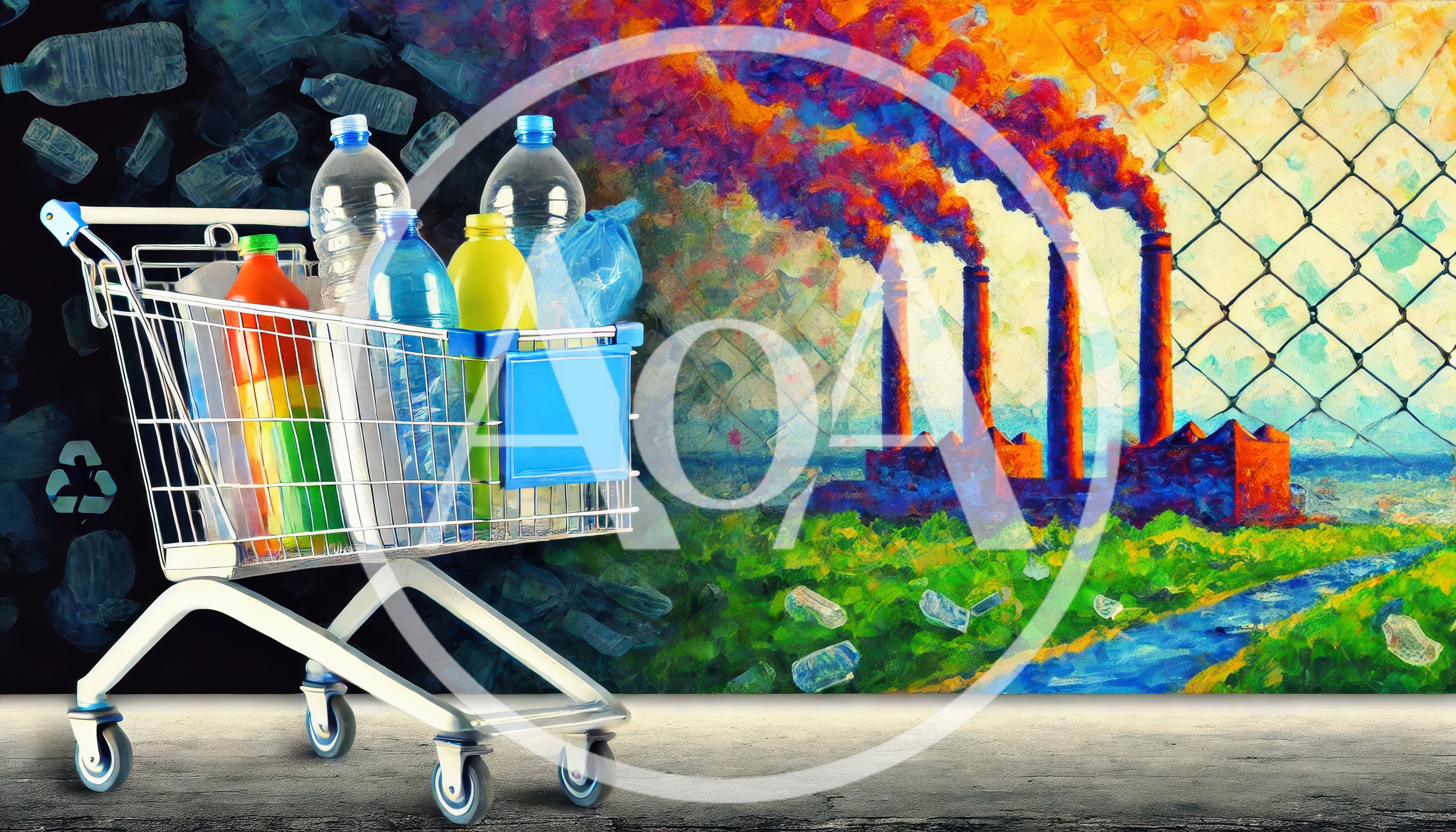 Shopping Cart Filled With Plastic Bottles Against Industrial Pollution