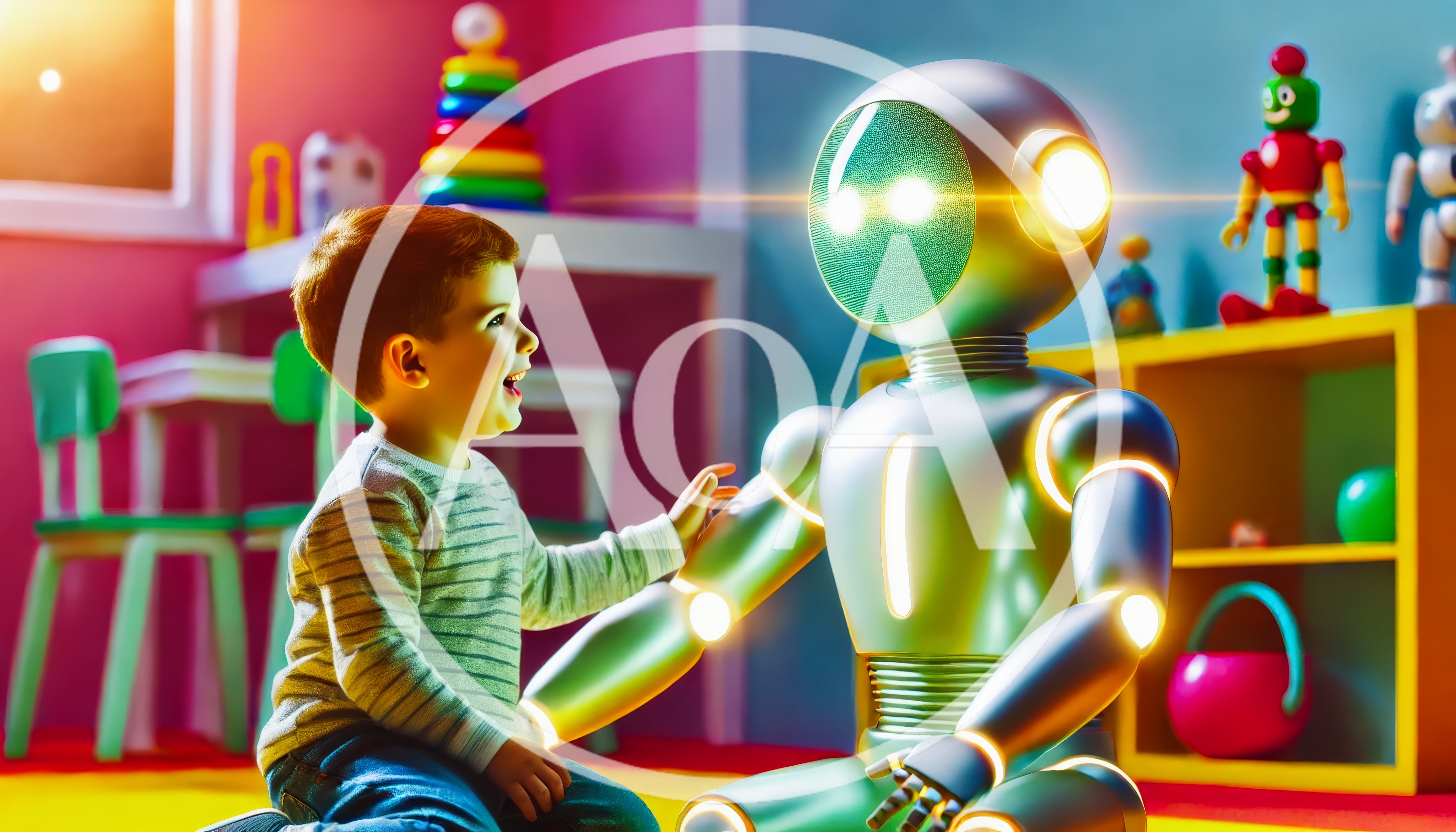 Young Boy Interacting With A Friendly Robot In A Playroom