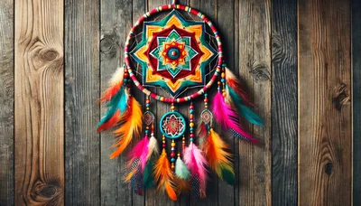 Colorful Dreamcatcher Hanging on Rustic Wooden Wall