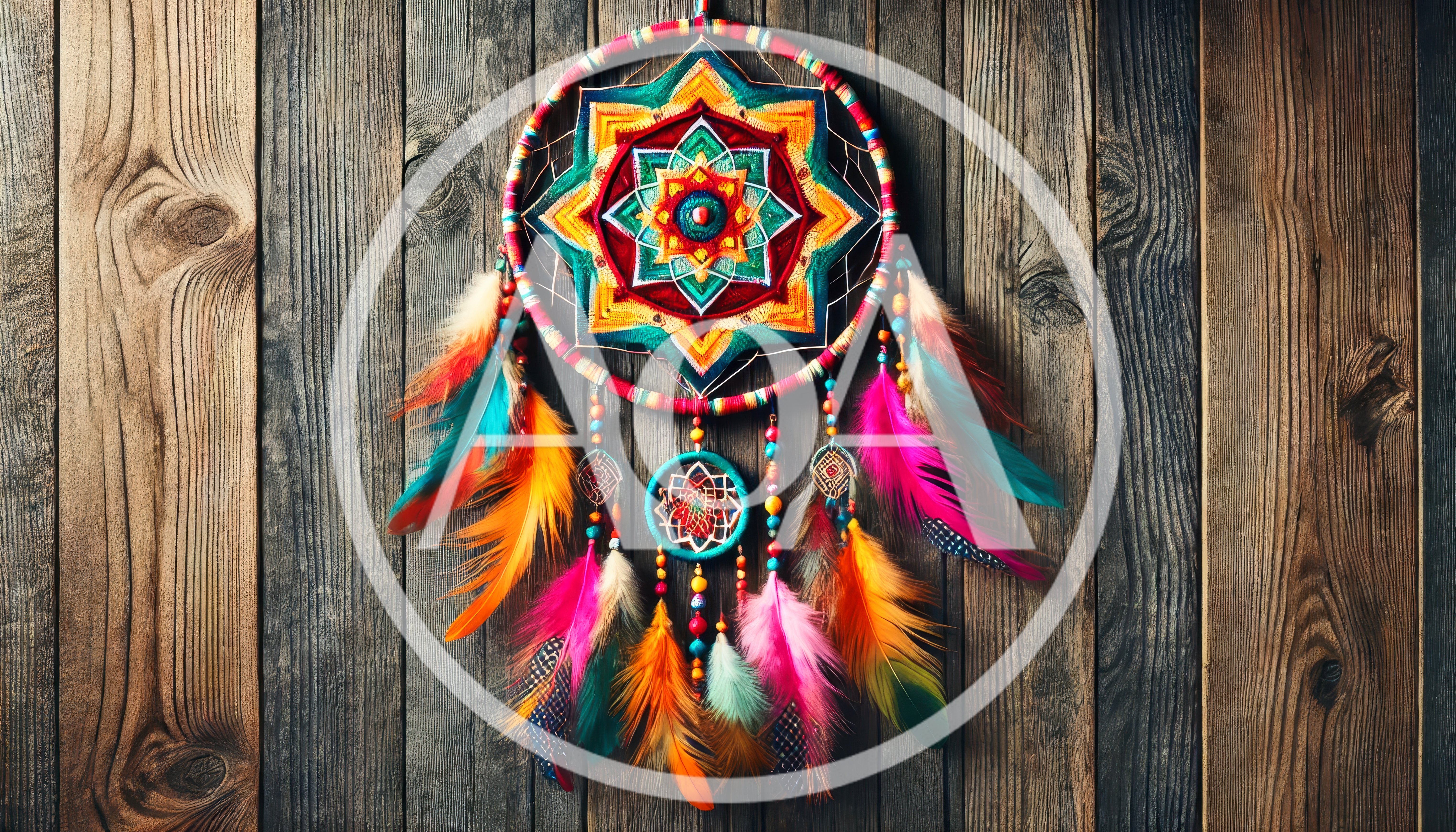 Colorful Dreamcatcher Hanging on Rustic Wooden Wall