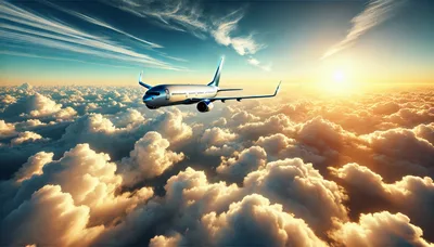 Commercial Airplane Flying Above Clouds At Sunset