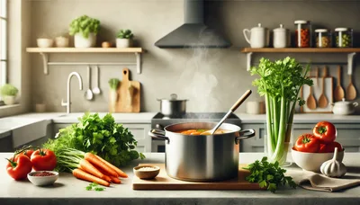 Fresh Vegetables And Steaming Soup Pot In Kitchen