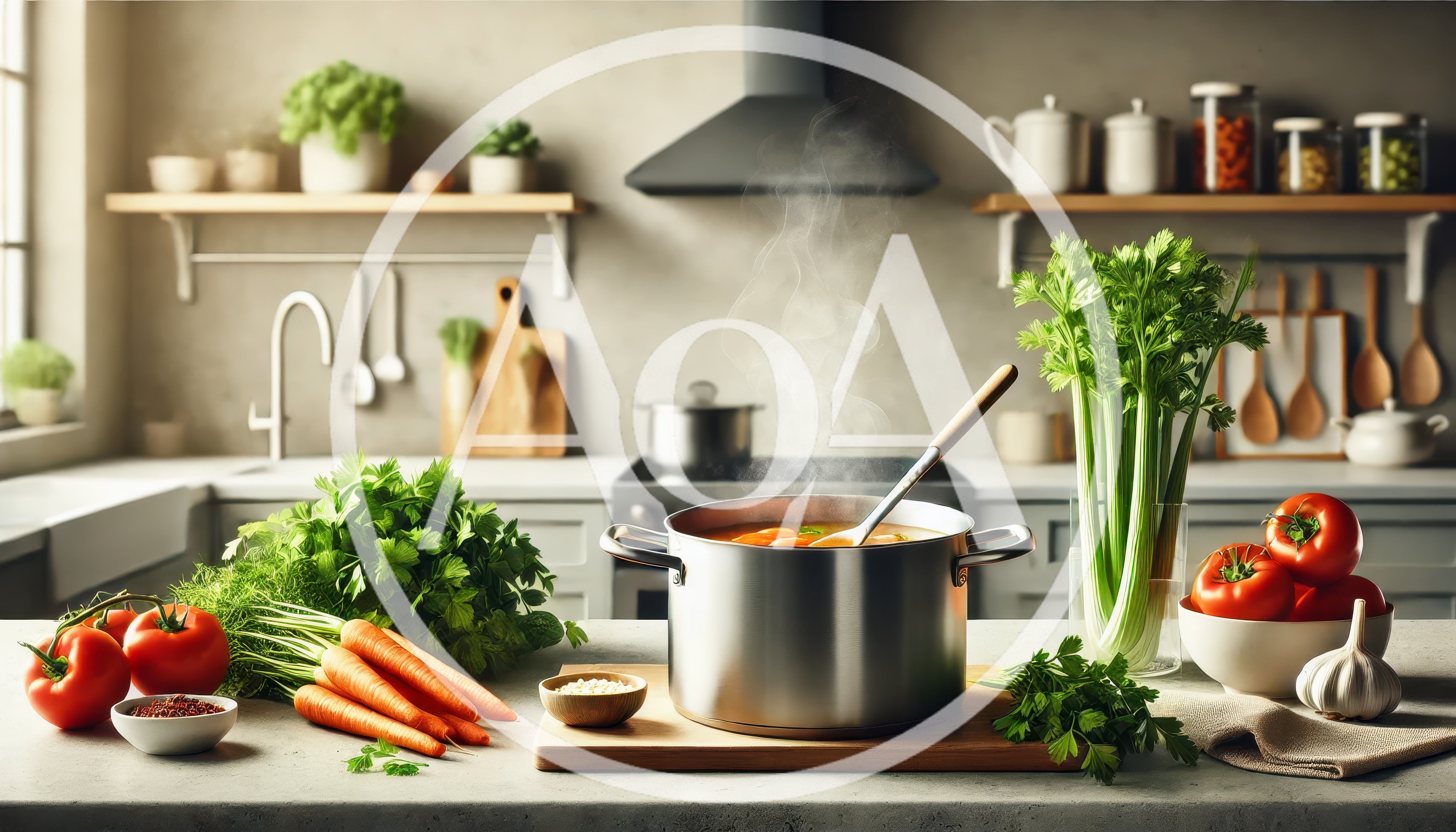 Fresh Vegetables And Steaming Soup Pot In Kitchen