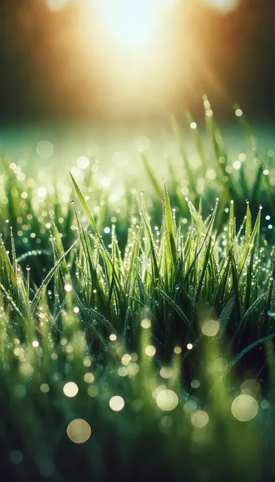 Dew Drops On Green Grass At Sunrise