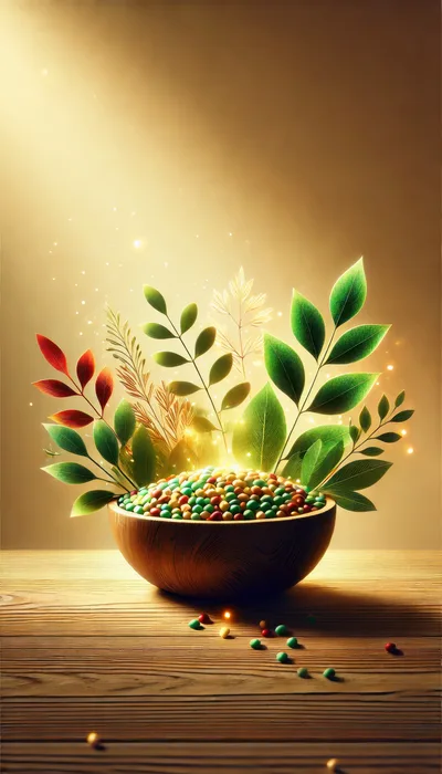 Wooden Bowl Filled With Colorful Seeds And Green Leaves