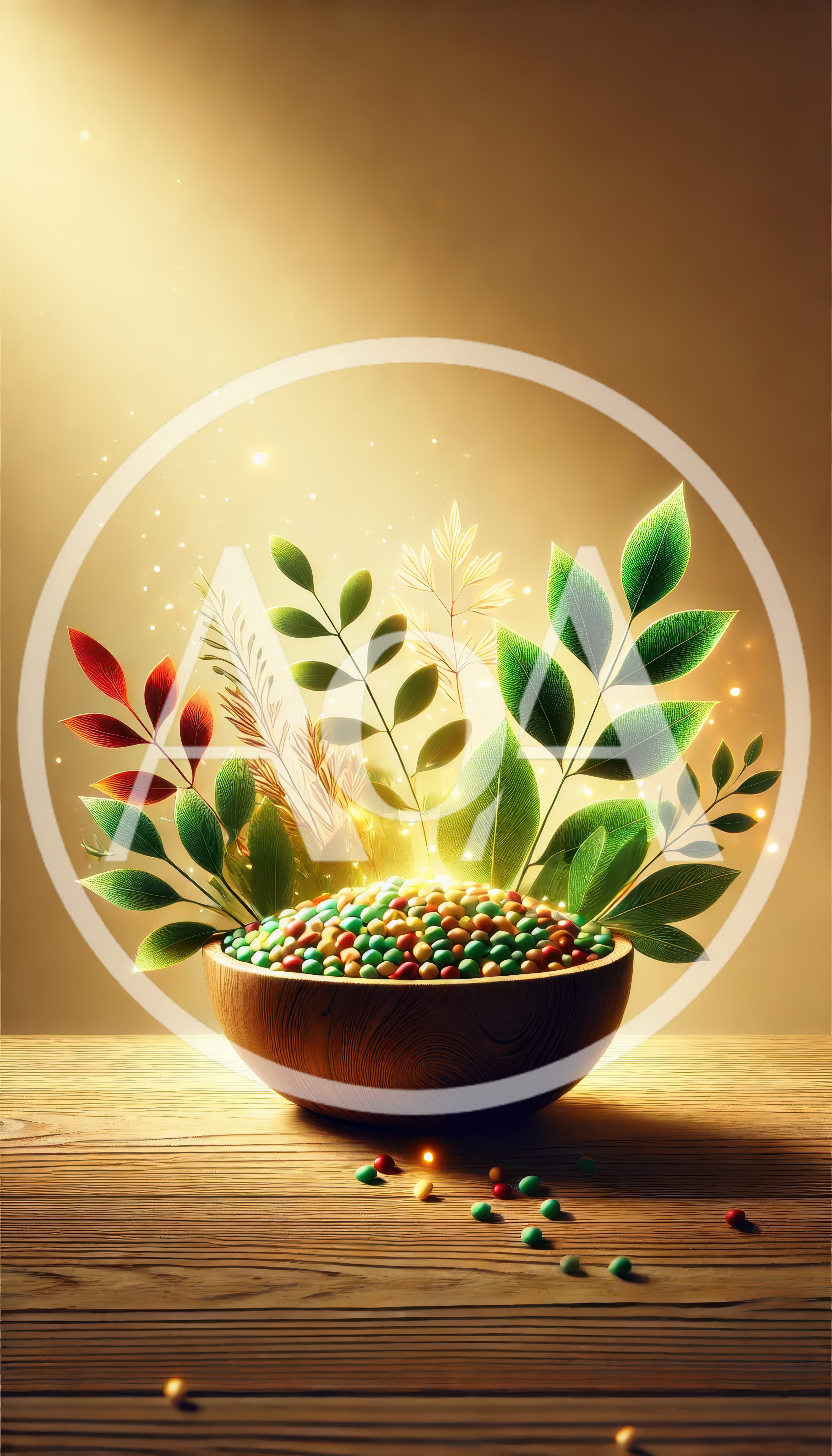 Wooden Bowl Filled With Colorful Seeds And Green Leaves