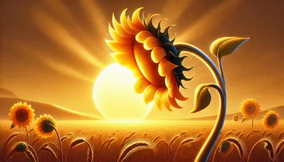 Giant Sunflower In A Golden Wheat Field At Sunset