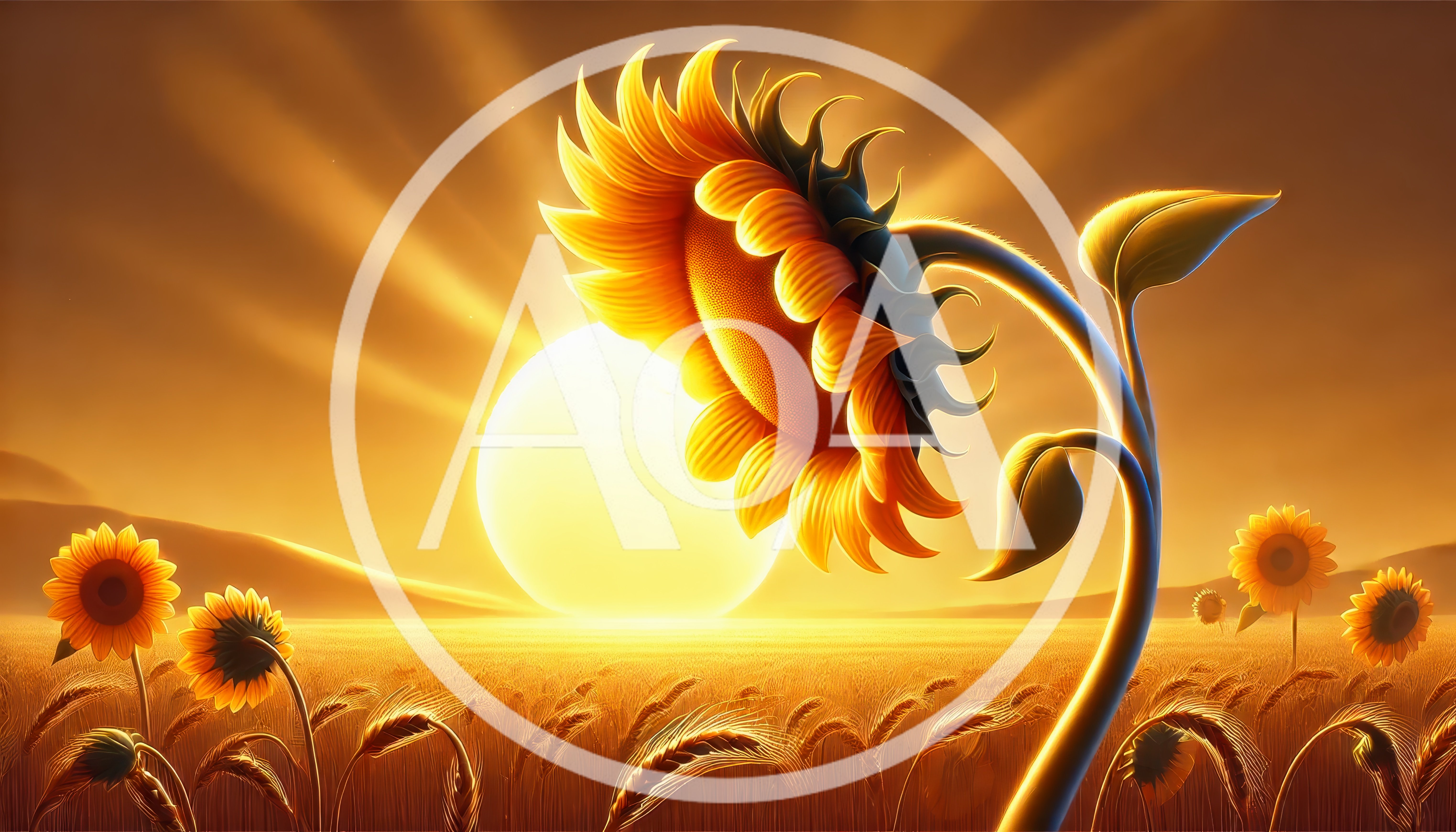 Giant Sunflower In A Golden Wheat Field At Sunset