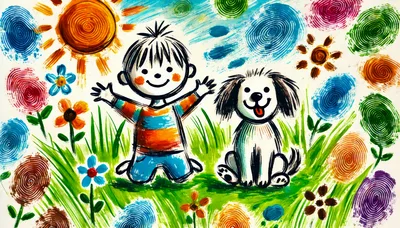 Child Drawing With Dog In A Colorful Meadow