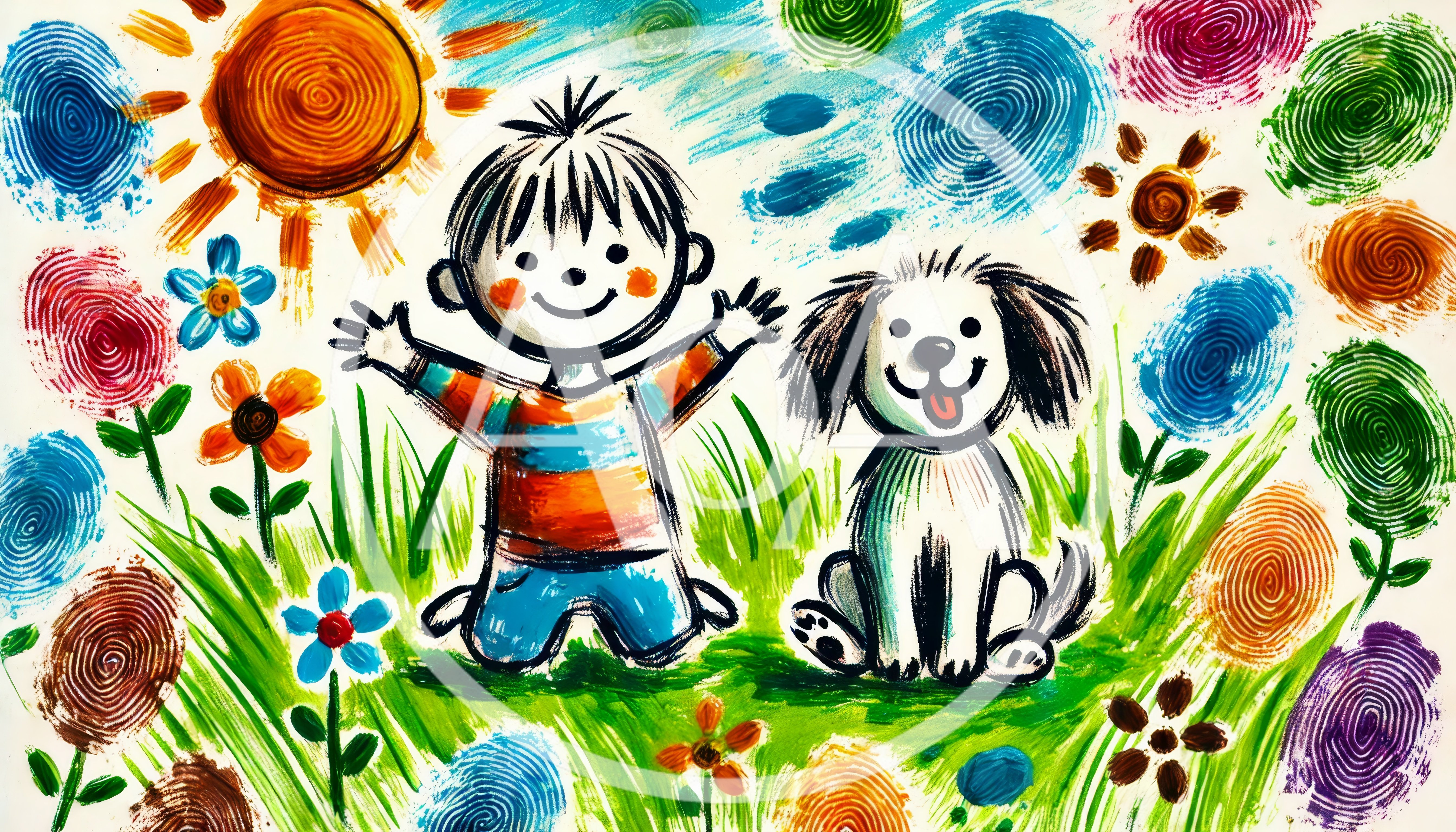 Child Drawing With Dog In A Colorful Meadow