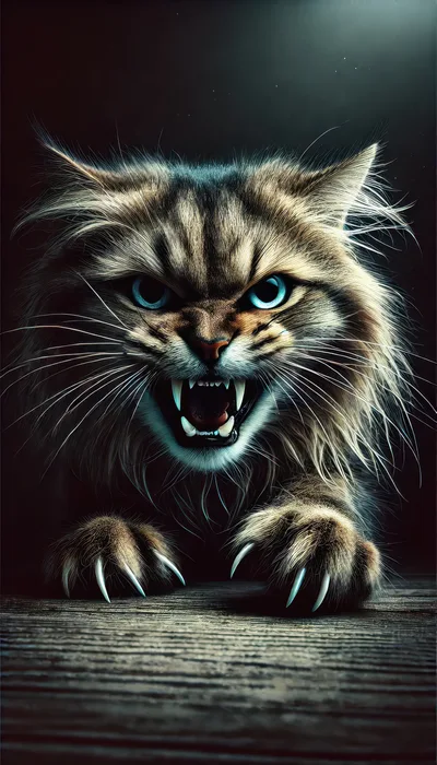 Aggressive Maine Coon Cat With Bared Fangs And Claws