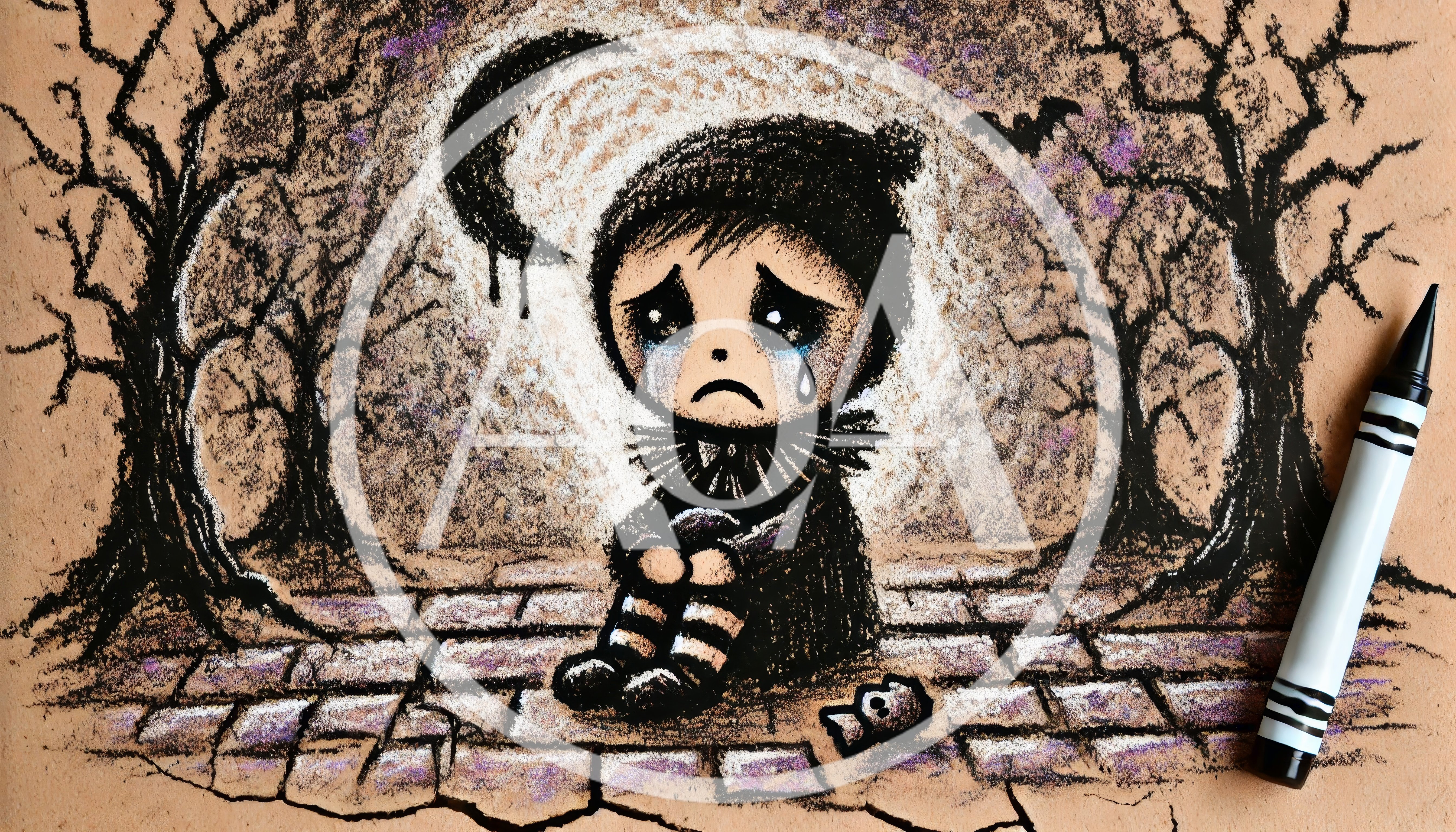 Crayon Drawing Of A Crying Child In A Forest