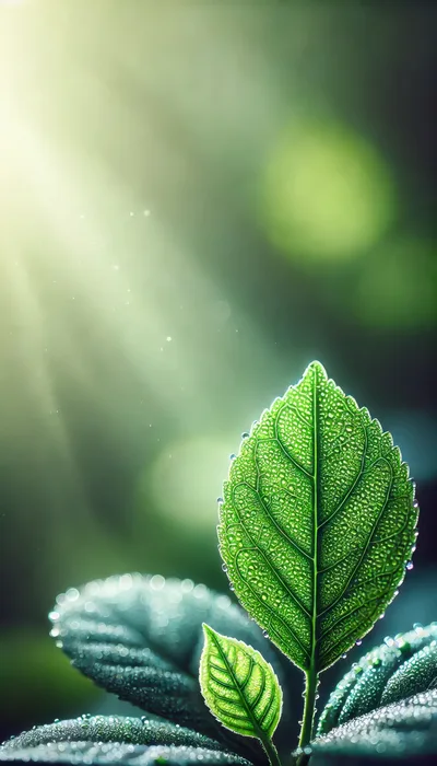Dew Covered Green Leaves In Morning Sunlight