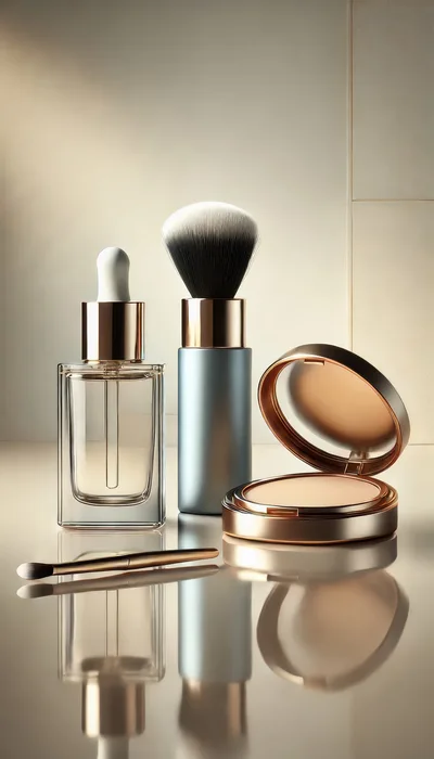 Luxury Cosmetic Products Arranged on Reflective Surface