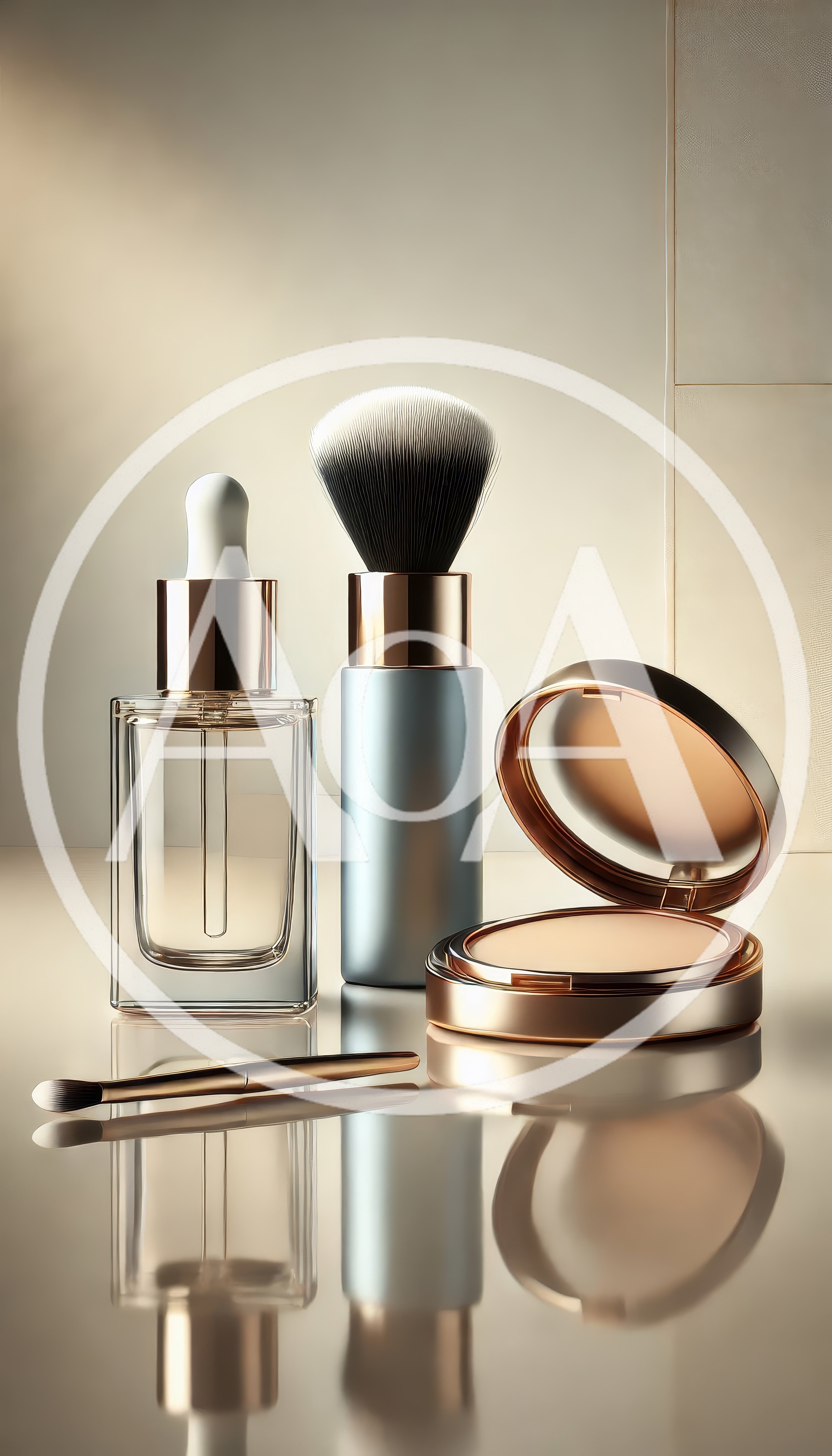 Luxury Cosmetic Products Arranged on Reflective Surface