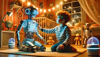 Young Boy Interacting With Futuristic Robot In Bedroom