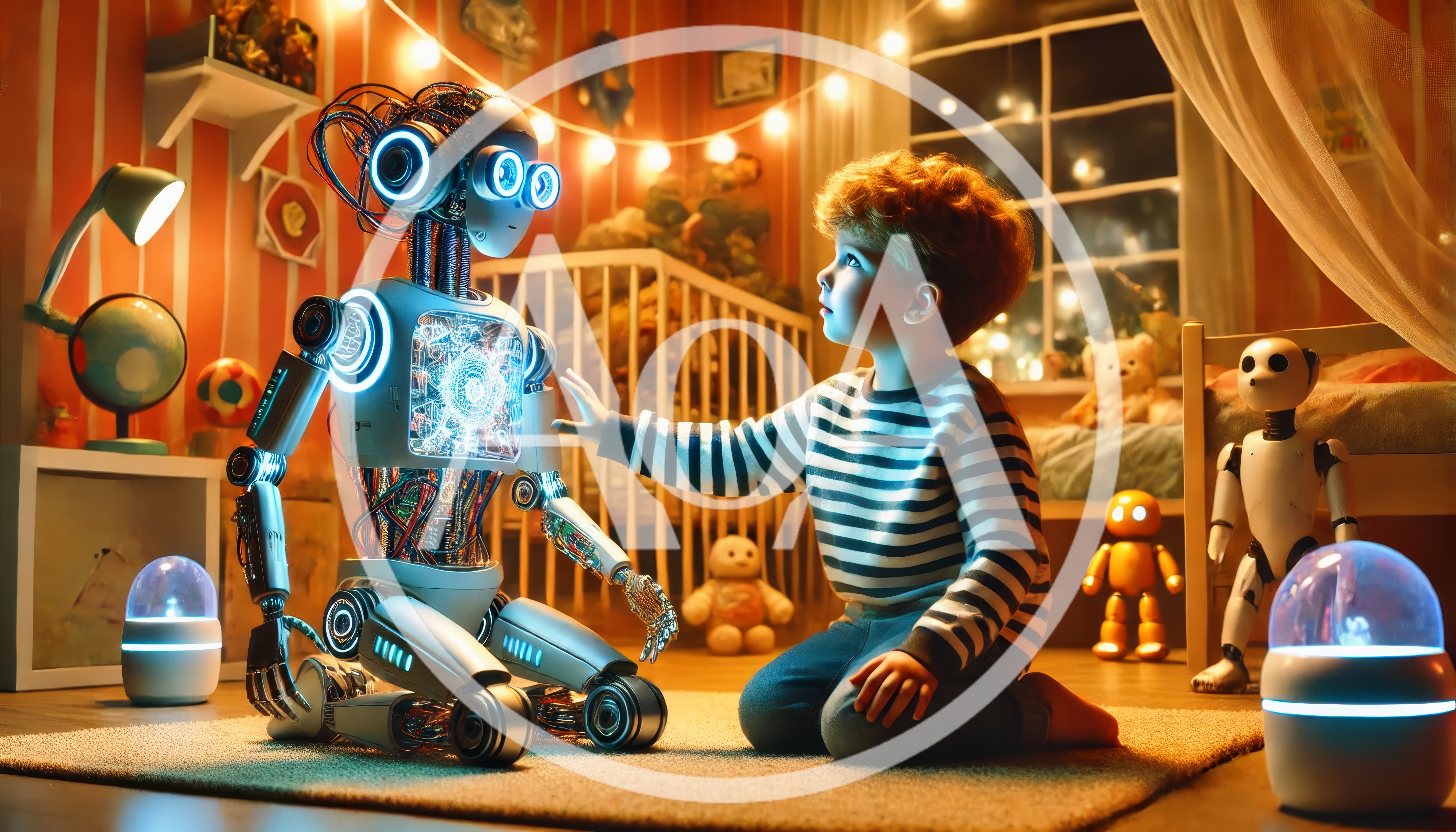 Young Boy Interacting With Futuristic Robot In Bedroom