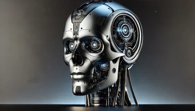 Futuristic Metallic Robot Skull With Glowing Internal Circuitry