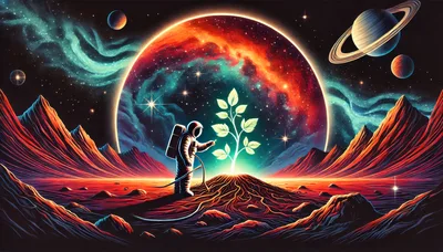 Astronaut Tending A Glowing Plant On Alien Planet