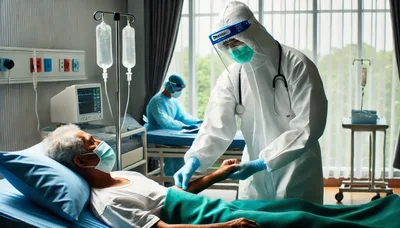 Doctor In Protective Gear Examining Patient In Hospital