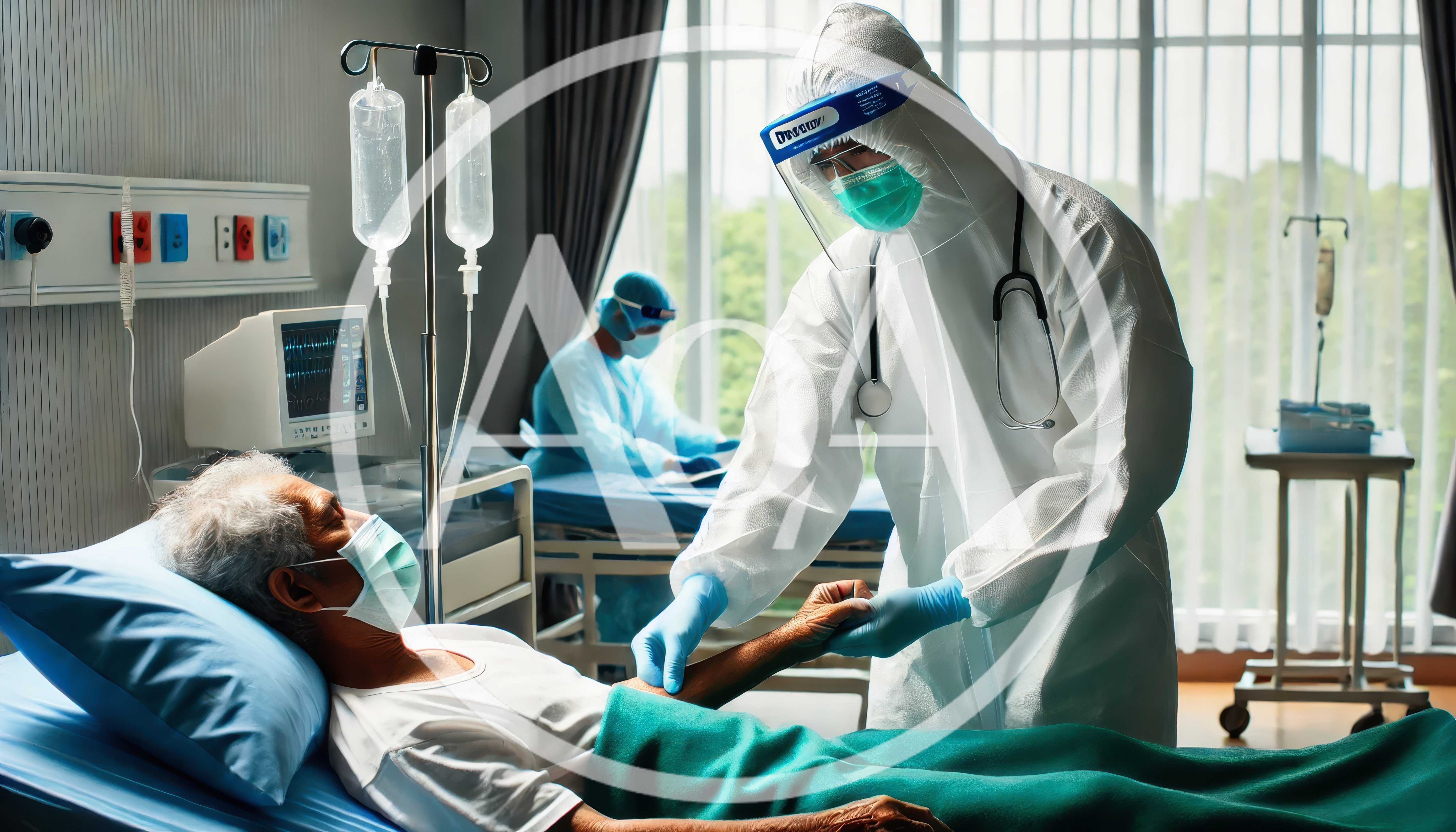 Doctor In Protective Gear Examining Patient In Hospital