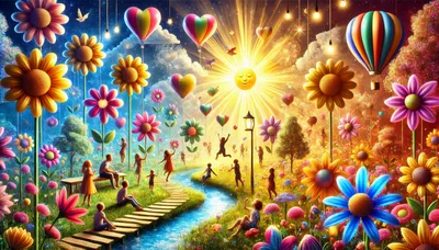Whimsical Garden Scene With Children And Giant Flowers