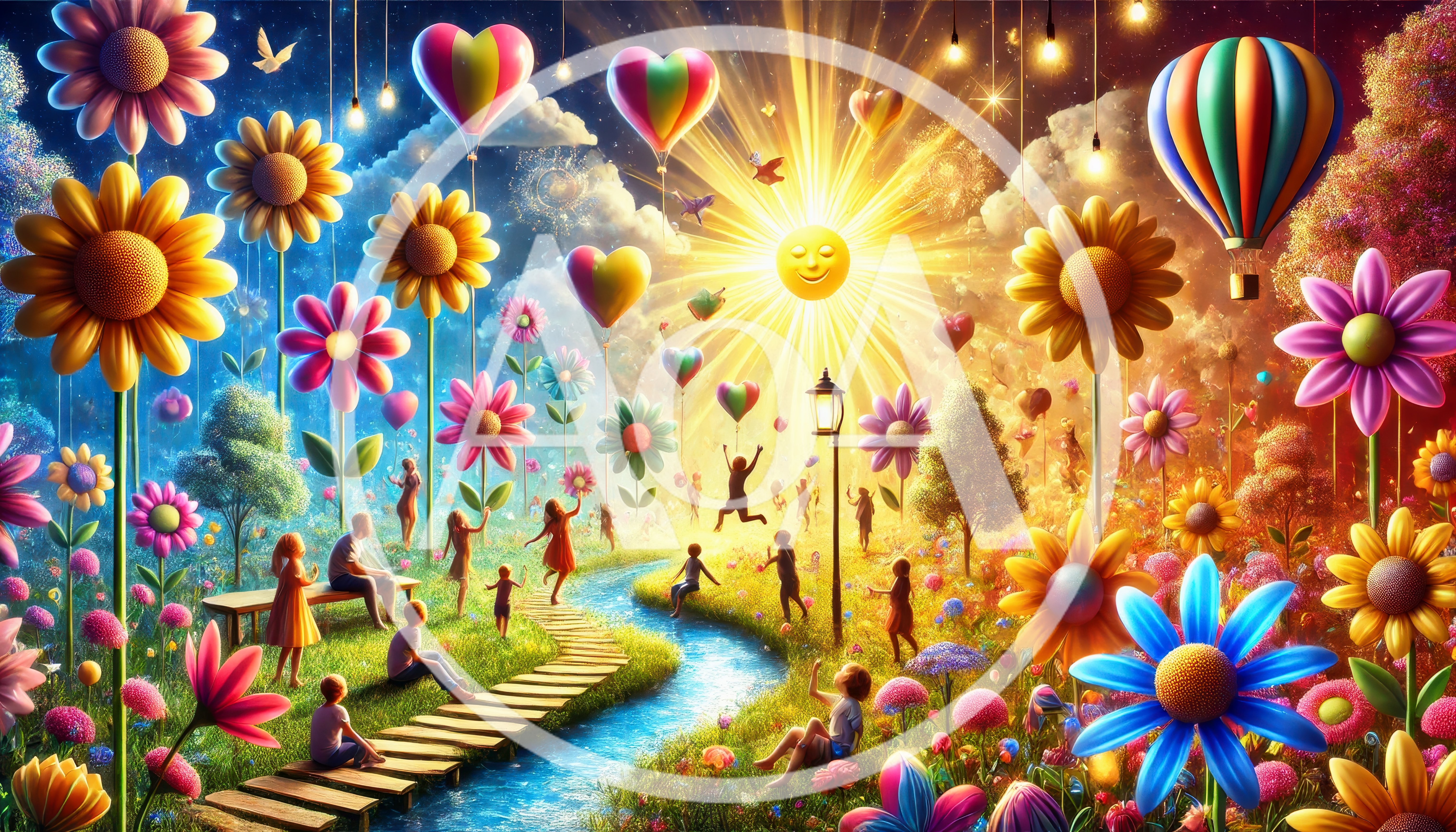 Whimsical Garden Scene With Children And Giant Flowers