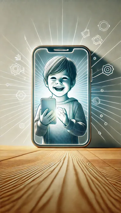 Engraved Illustration of a Child Using a Smartphone