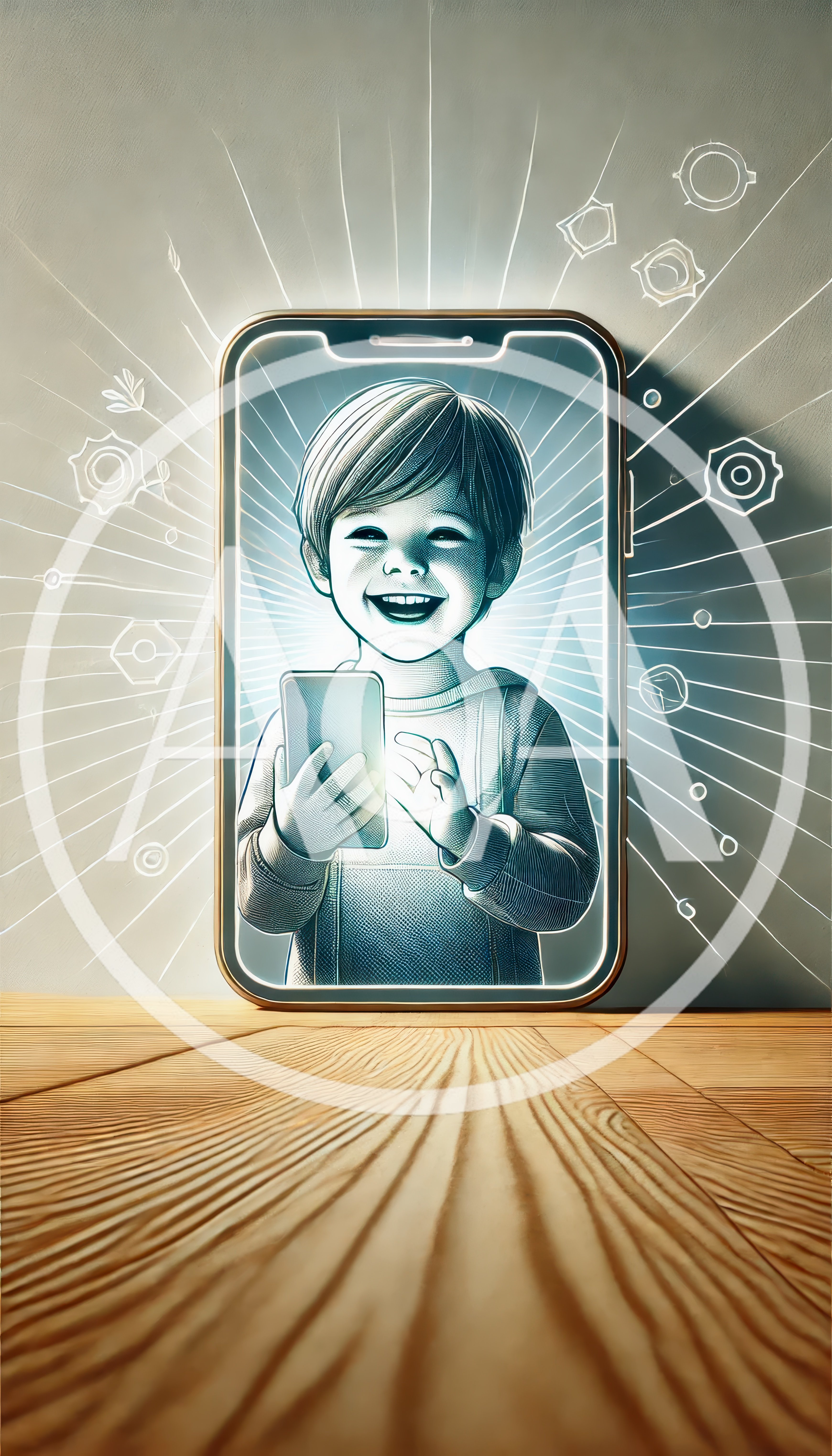 Engraved Illustration of a Child Using a Smartphone