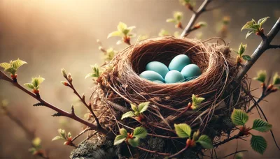 Blue Robin Eggs Resting In A Woven Bird Nest