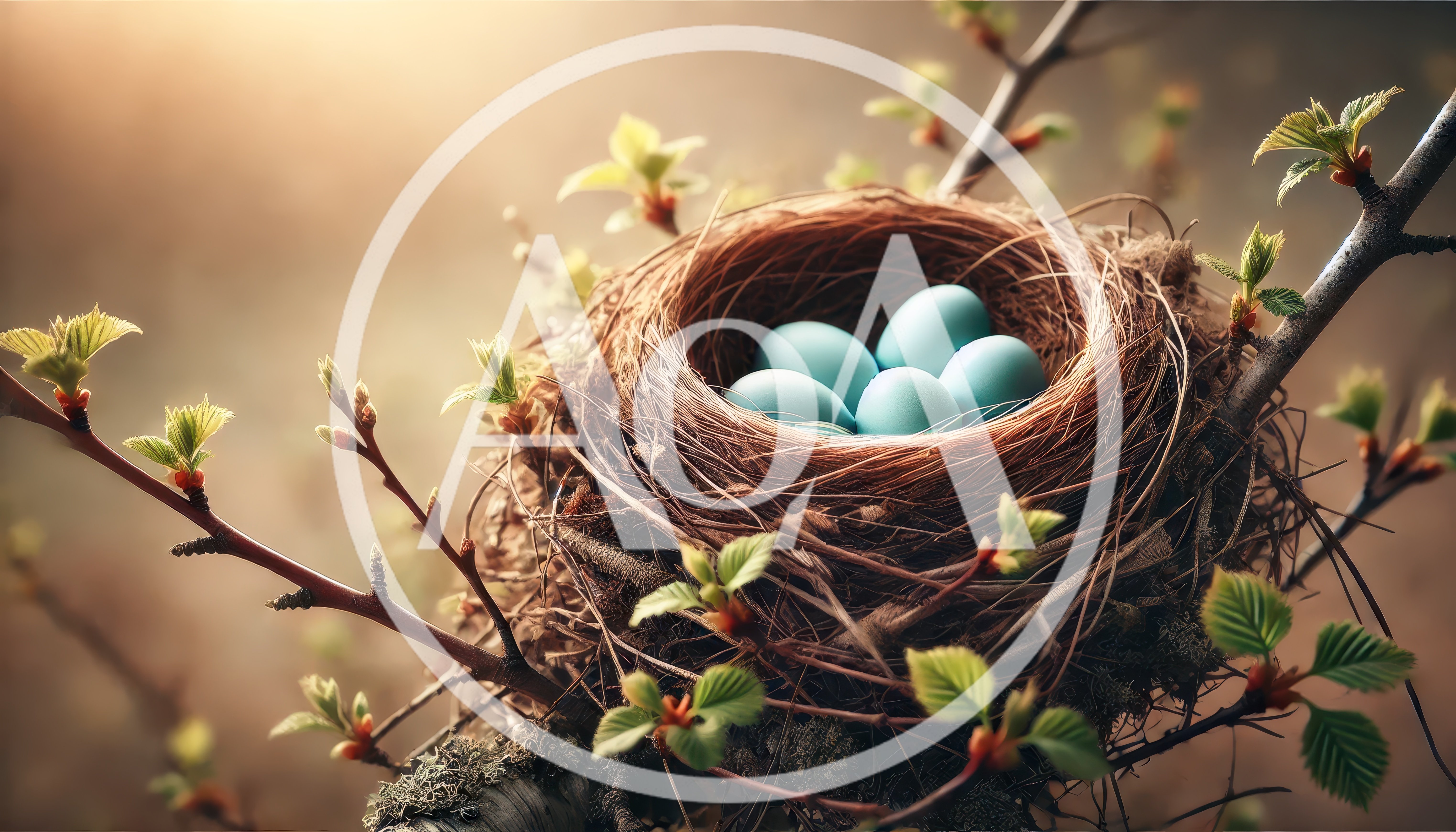 Blue Robin Eggs Resting In A Woven Bird Nest