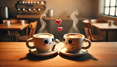 Two Cute Coffee Cups With Faces On A Cafe Table