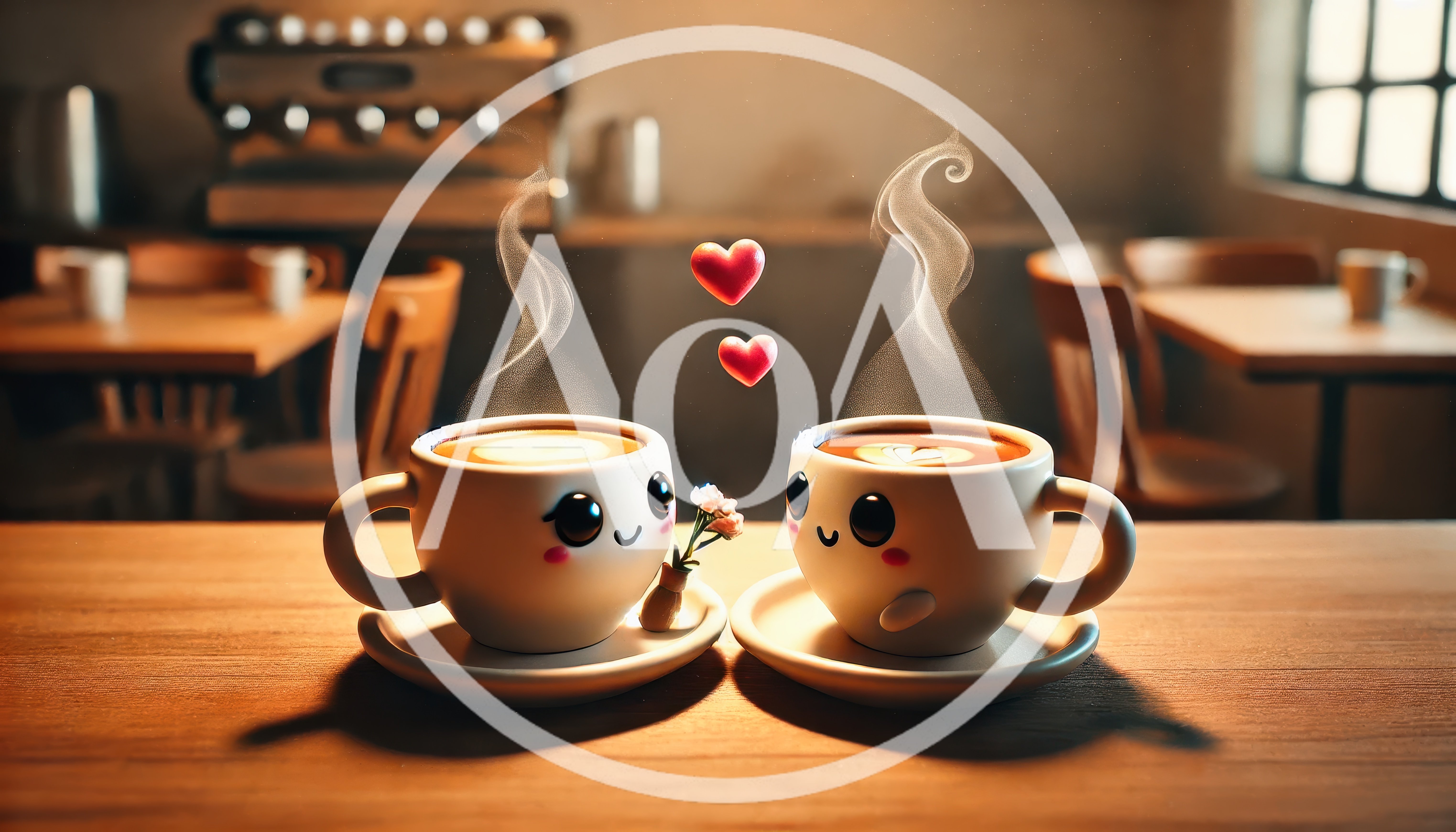 Two Cute Coffee Cups With Faces On A Cafe Table