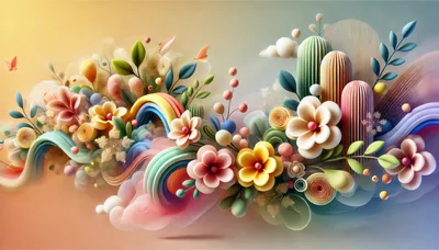 Abstract 3D Floral Composition With Rainbow Elements