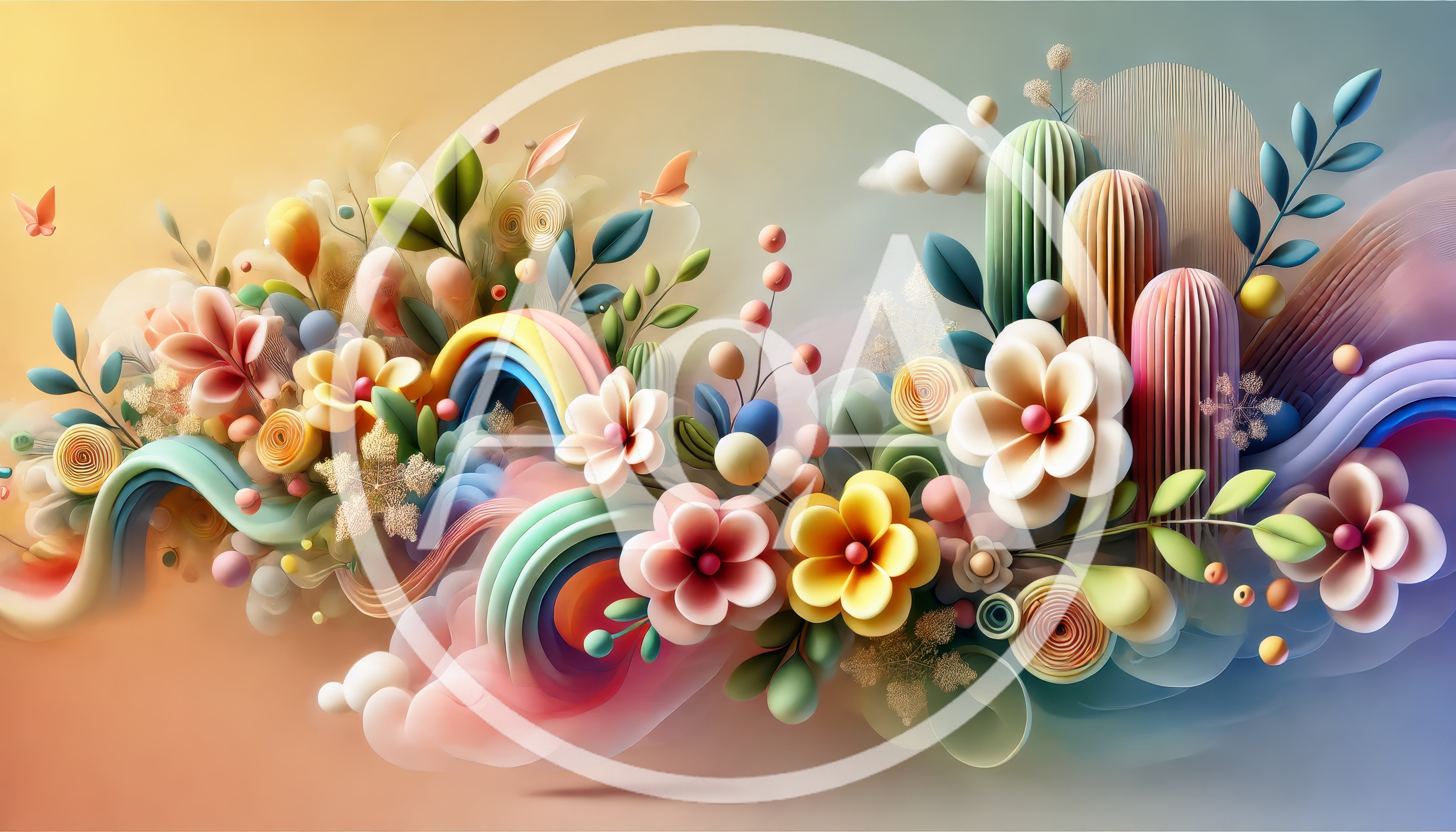 Abstract 3D Floral Composition With Rainbow Elements