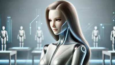 Futuristic Female Android With Long Hair In Laboratory
