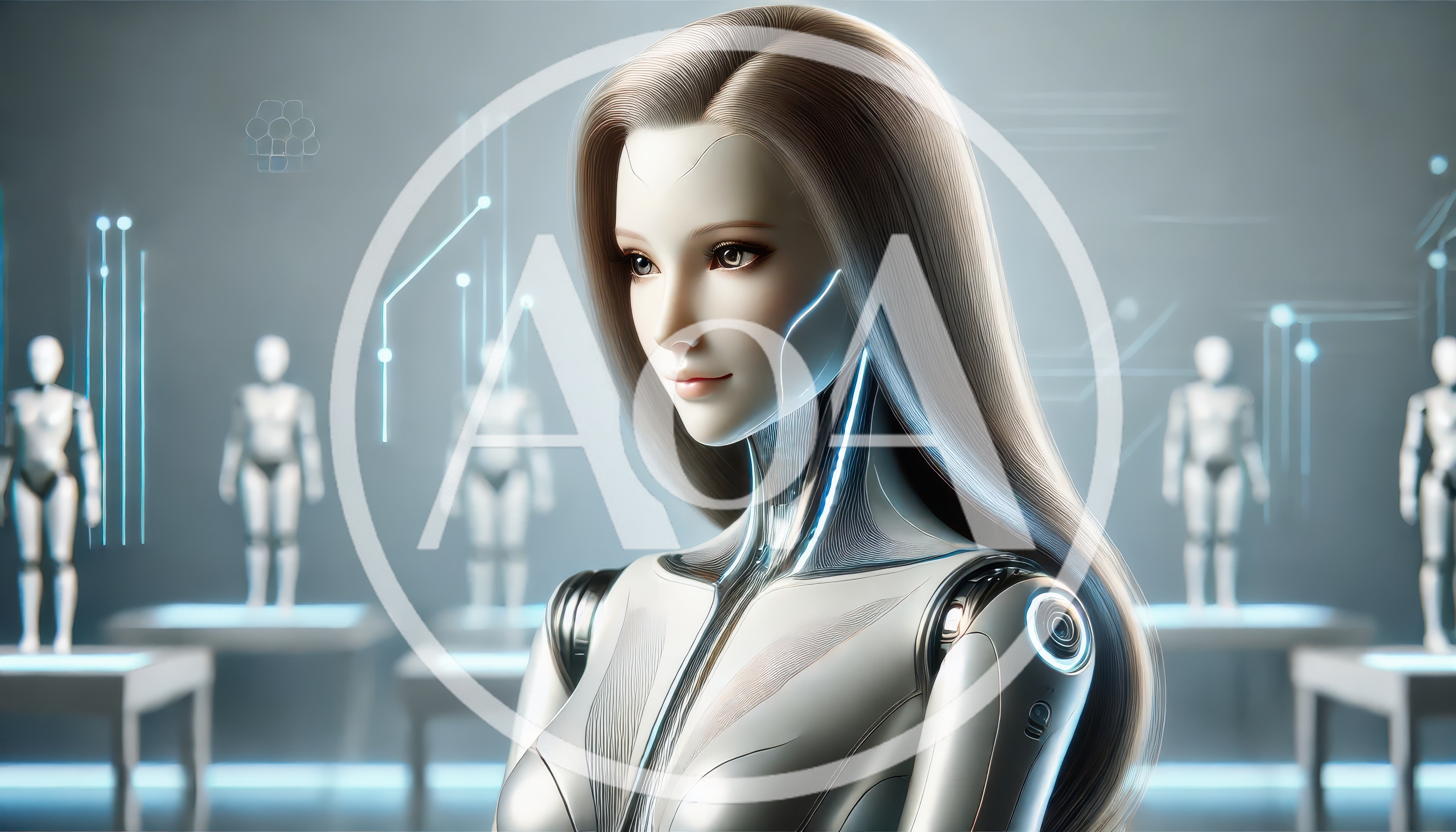 Futuristic Female Android With Long Hair In Laboratory