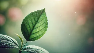 Dew Covered Green Leaf In Soft Sunlight
