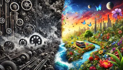 Surreal Split Composition Of Industrial Machinery And Nature