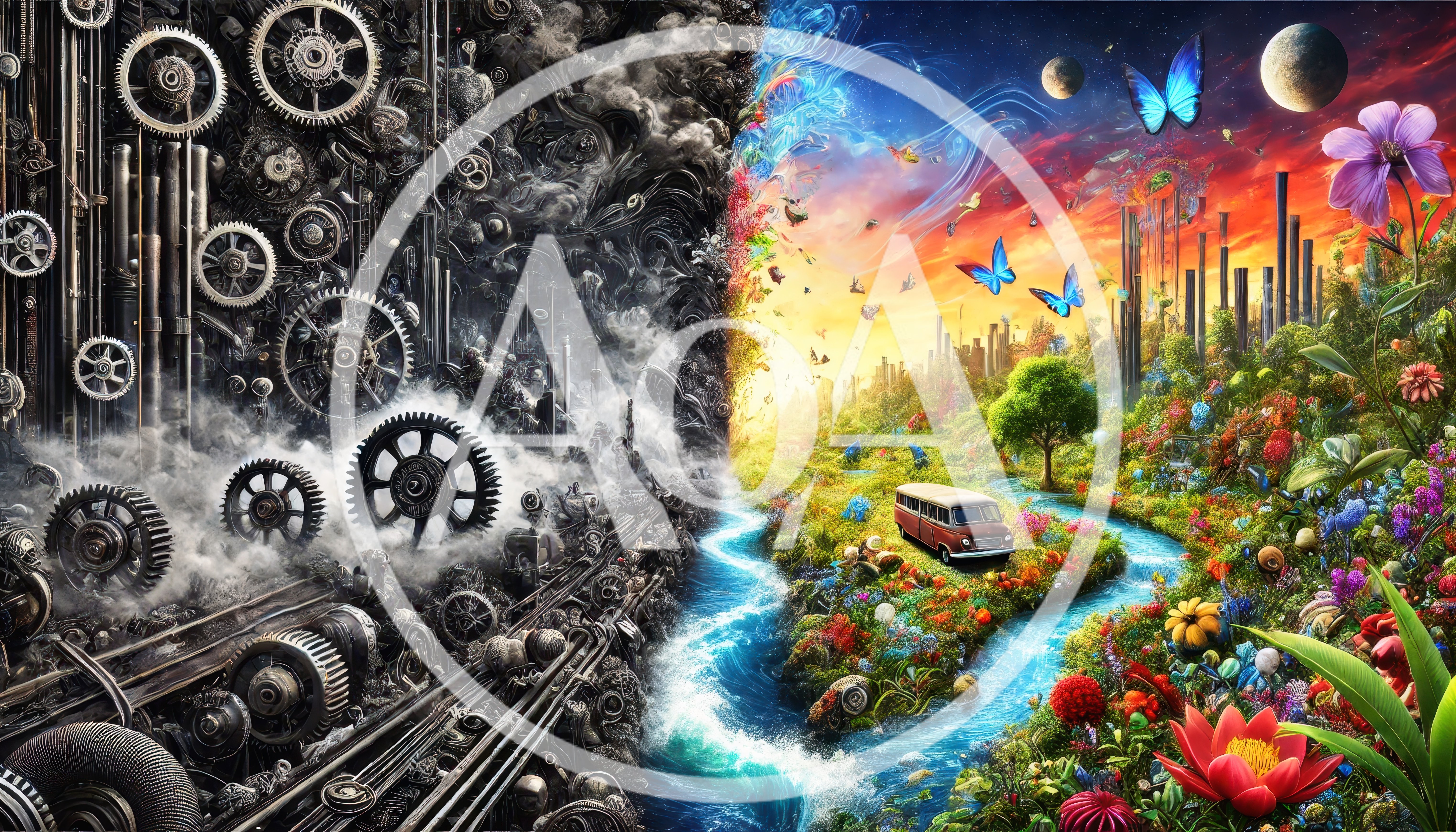Surreal Split Composition Of Industrial Machinery And Nature
