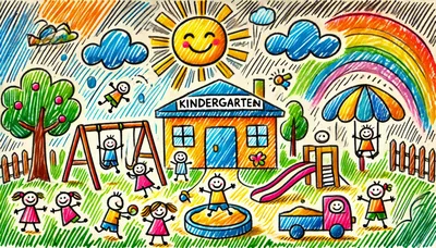 Colorful Children Drawing Of A Kindergarten Playground