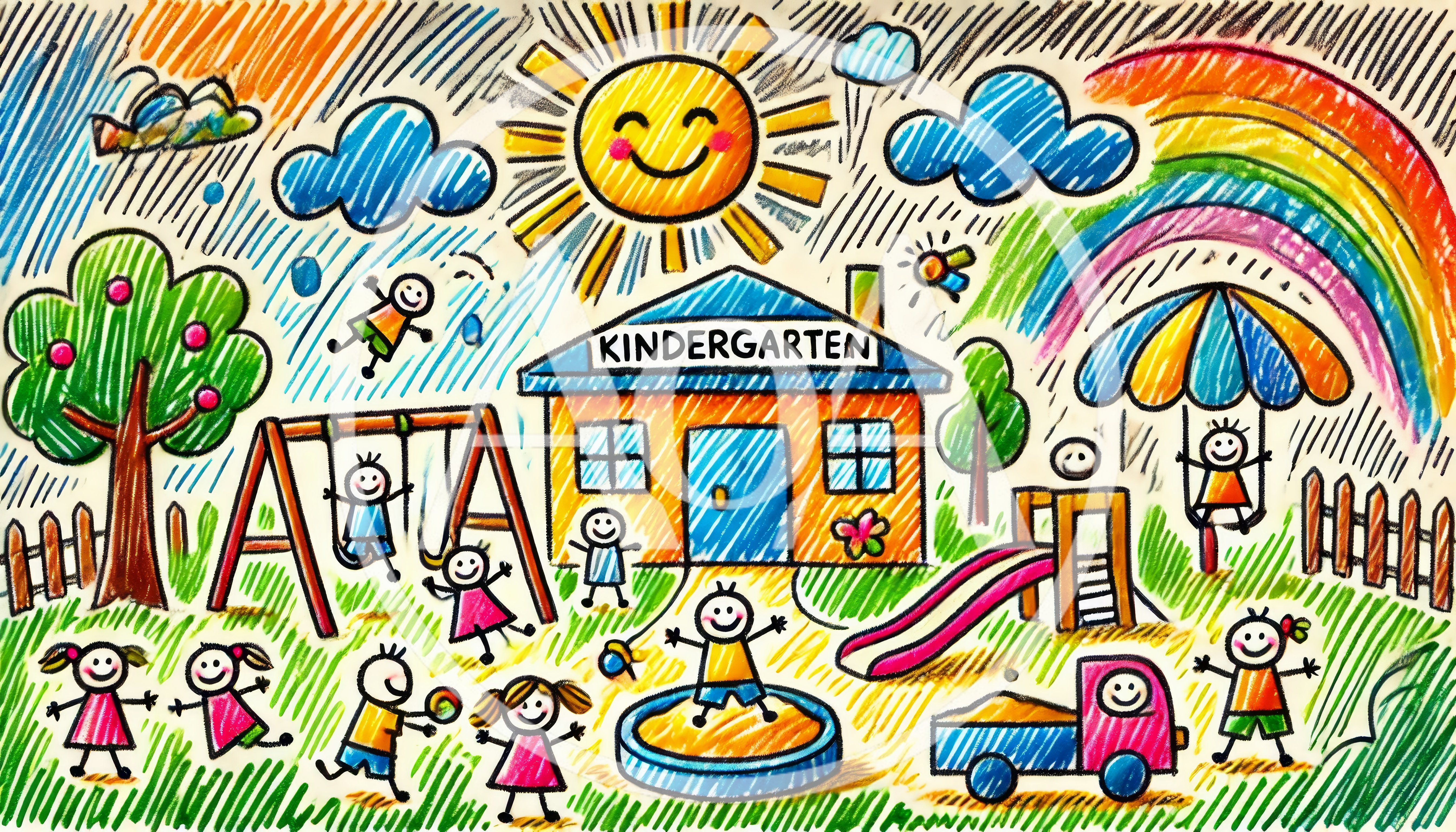 Colorful Children Drawing Of A Kindergarten Playground