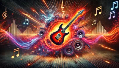 Electric Guitar Surrounded By Musical Notes And Speakers