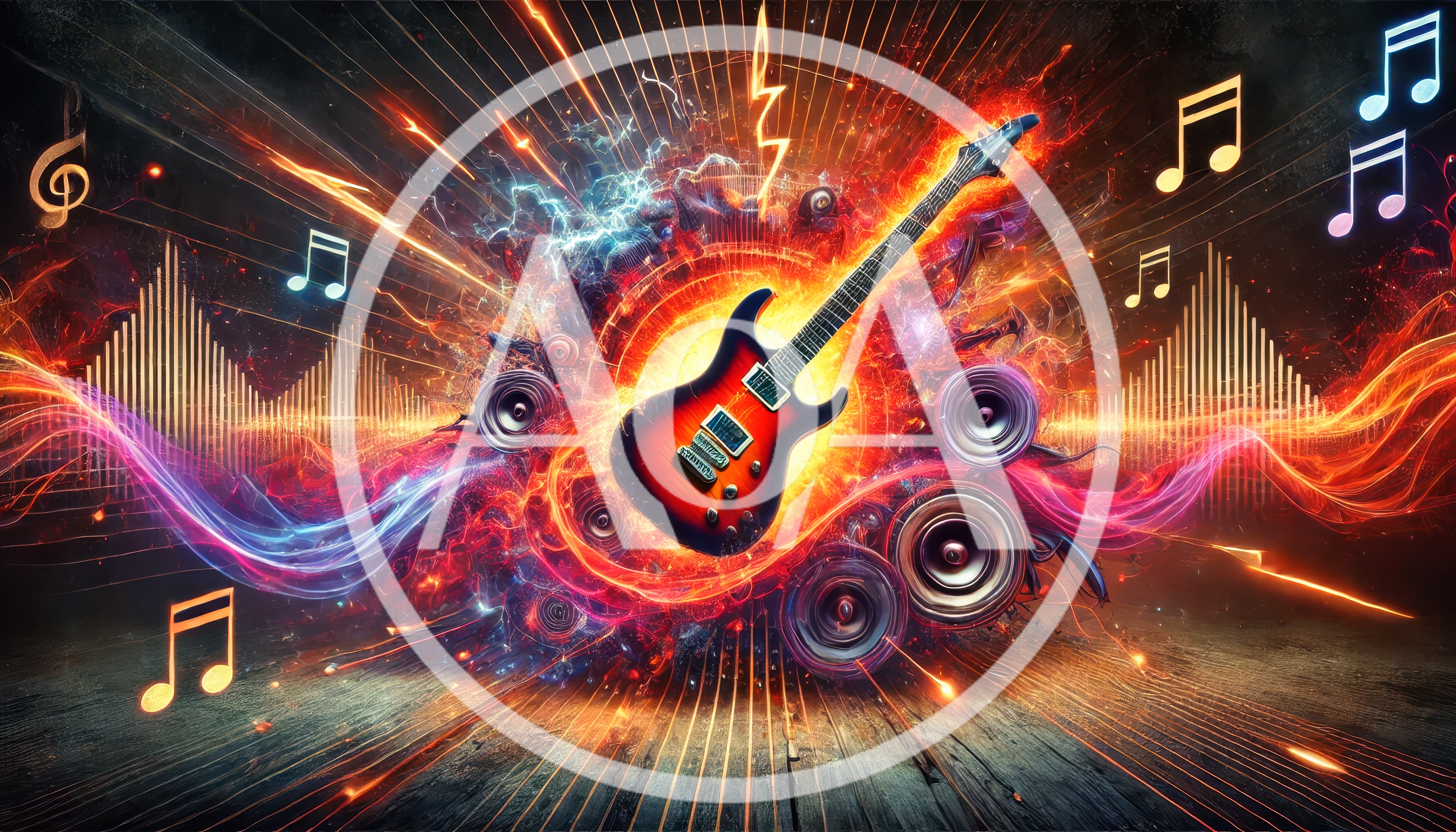 Electric Guitar Surrounded By Musical Notes And Speakers