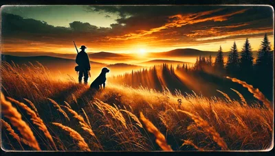 Hunter and Dog Standing in Golden Sunset Field