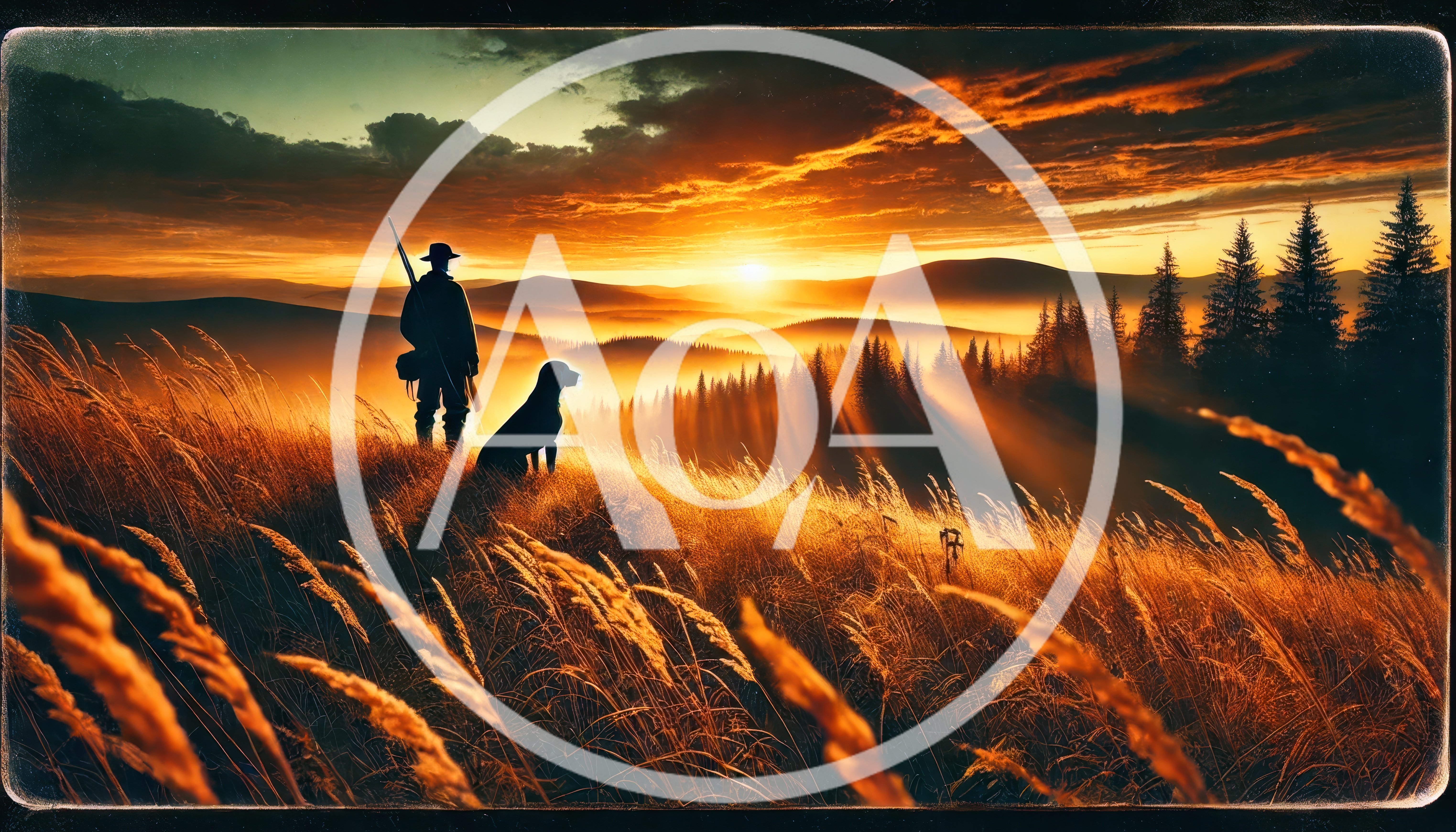 Hunter and Dog Standing in Golden Sunset Field