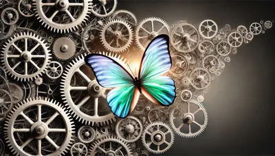 Blue Butterfly Resting On Intricate Mechanical Clockwork Gears