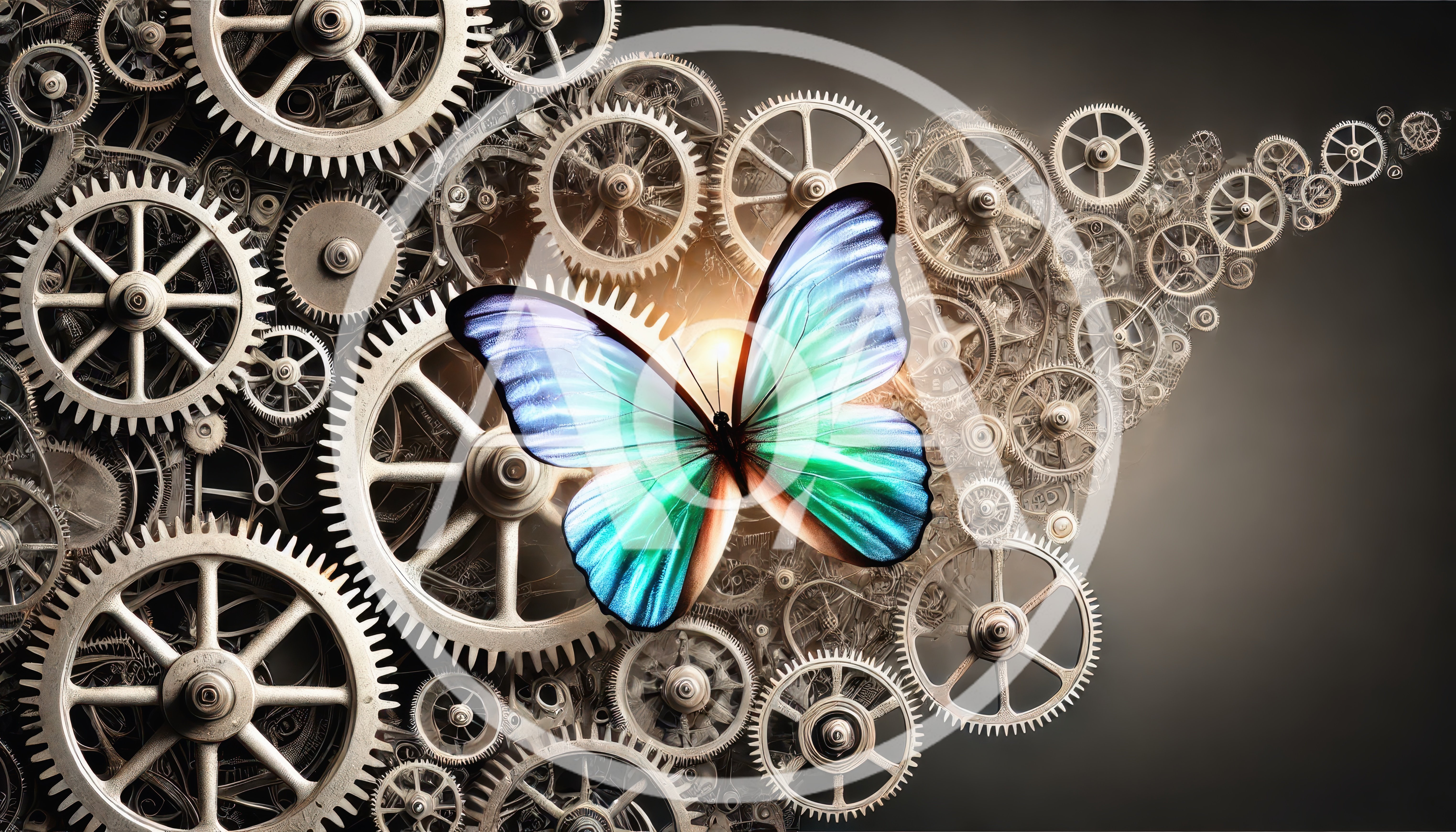 Blue Butterfly Resting On Intricate Mechanical Clockwork Gears