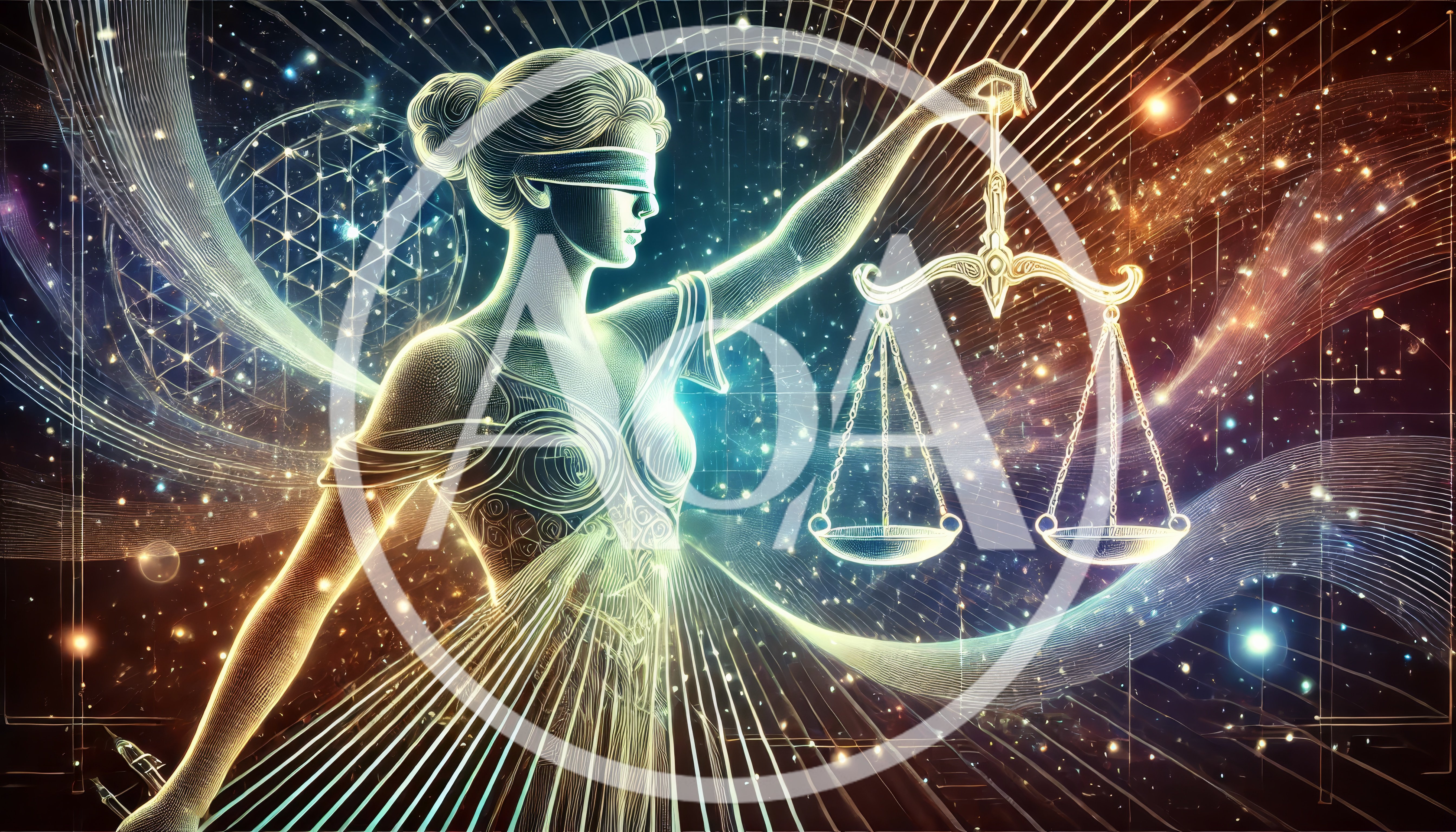 Digital Illustration Of Lady Justice With Glowing Scales